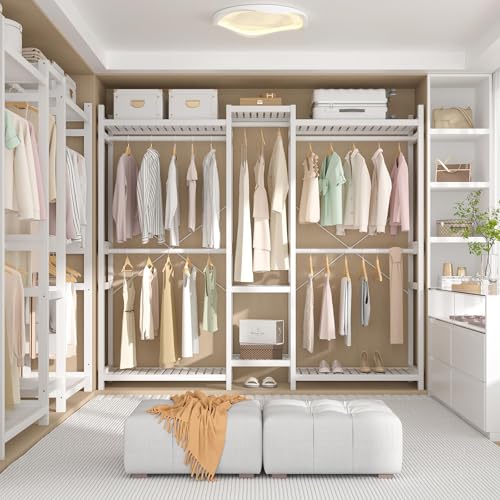 Homykic Bamboo Clothing Rack with 7 Shelves, 5 Hang Rods, 70” Wide, White - color: White, size: III Large