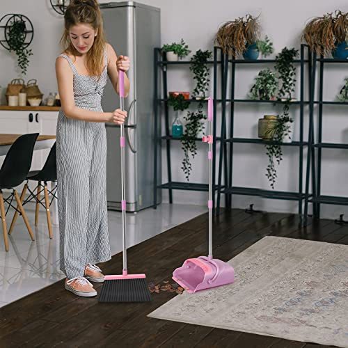 Broom and Dustpan Set for Home, Office, Indoor&Outdoor Sweeping, Stand Up Broom and Dustpan (Pink) - color: Pink