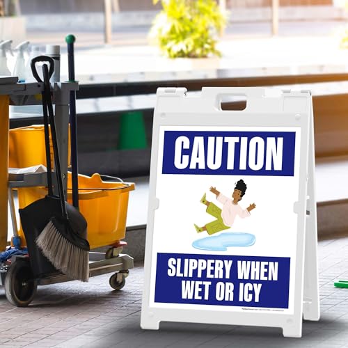 Caution Slippery When Wet Or Icy With Graphic Folding Floor Sign, 18x24 Inches, Portable A Frame, Made in USA by My Sign Center - size: 18x24 Plastic