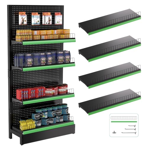JWX Heavy-Duty Gondola Shelving, 4-Tier Pegboard Display Stand, 30 Hooks - color: Black