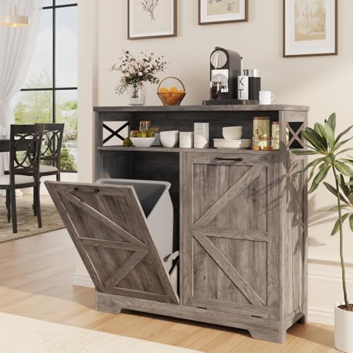 Befrases Double Tilt Out Trash Can Cabinet for 13 * 2 Gallon Garbage Can, Farmhouse Kitchen Garbage Trash Bin for Hidden Laundry Basket, Dual Dog Proof Recycling Cabinet for Dining Living Room, Grey - color: Grey, size: 2 x13 Gallons