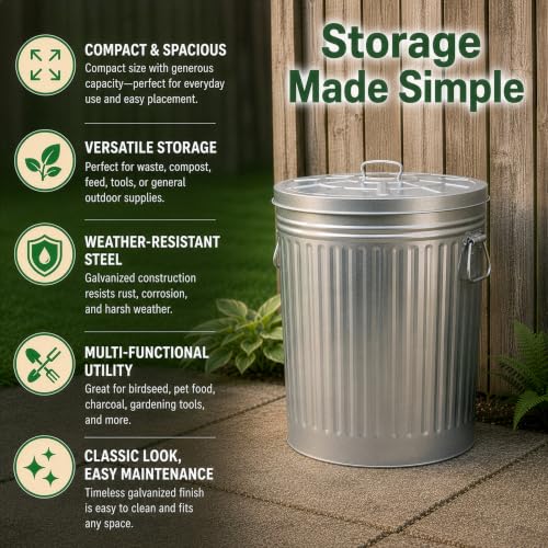 Gardenised Round Galvanized Steel, 26 Gallon Trash Can with Lid - Durable Metal Bucket for Backyard, Lawn, Garden and Yard Use - Weather-Resistant Garbage Can for Indoor and Outdoor, 28-inch - size: 26 Gallons