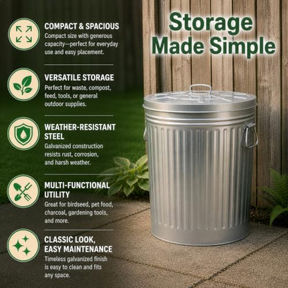Gardenised Round Galvanized Steel, 26 Gallon Trash Can with Lid - Durable Metal Bucket for Backyard, Lawn, Garden and Yard Use - Weather-Resistant Garbage Can for Indoor and Outdoor, 28-inch - size: 26 Gallons
