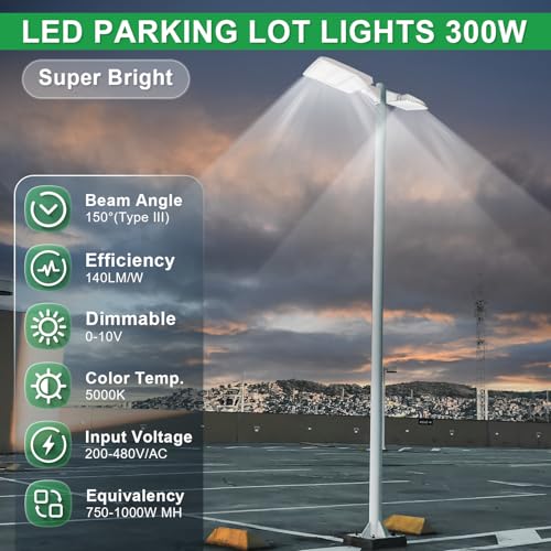 480V 300W LED Parking Lot Light, 5000K 42000LM(140lm/w) LED Shoebox Area Light - Direct Arm Mount, Dimmable Commercial Street Lighting, Surge Protection Built-in, AC277-480V UL Listed - color: Direct Arm Mount, size: 300W(200-480V)