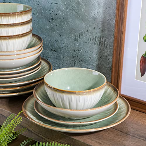 Gibson Elite Mayfair Bay 16-Piece Embossed Double Bowl Dinnerware Set, Service for 4 – Green Stoneware Plates and Bowls - color: Light Green (Mayfair Bay)