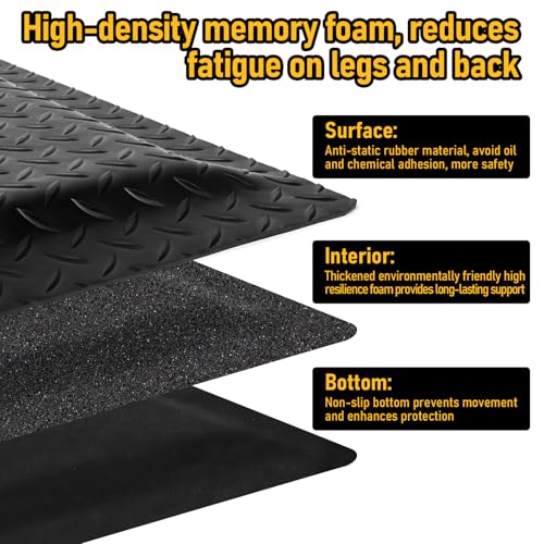 Nisorpa Anti Fatigue Mats Industrial 3' x 6' Ergonomic Standing Mat 15/16" Extra Thick Heavy Duty Commercial Diamond Plate Support Shop Floor Mat for Leg & Back Pain, Black - size: 3' x 6'