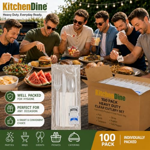 KitchenDine 100 pack | Clear Heavy Duty Plastic Disposable Cutlery Set | 6 in 1 Utensil Set with Fork, Spoon, Knife, Napkin, Straw, Salt/Pepper Packets - color: Clear