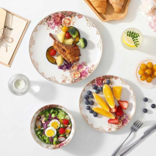 Bone China Dinnerware Set for 4, 12 Pcs Floral Plates and Bowls, Rose Bloom - color: Blush rose