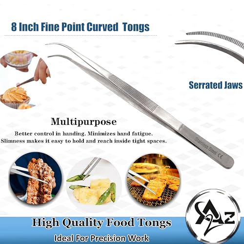 Professional Culinary Stainless Steel Precision Tongs With Serrated Tips - Plating/Food Presentation Detailing Serving - Chef's Kitchen Tweezer - Ultra Non-Slip Grip (8" Curved Slim) - size: 8" Curved Slim