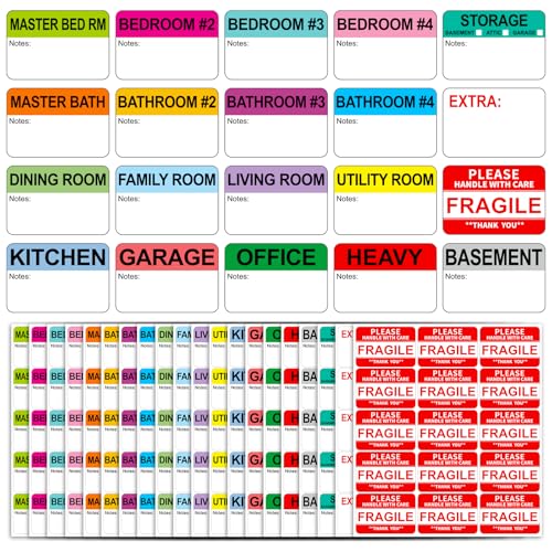 600 Writable Stickers 2” x 3” Each,20 Designs Pre-Printed Color-Coded Home Moving Packing Box Labels with Fragile, Extra, Heavy Labels - color: Movingcolorcoded