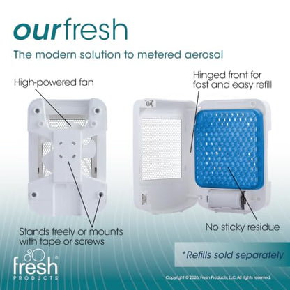 Fresh Products ourfresh 2 Air Freshener Replace Metered Aerosol with Dry Fragrance 30 Day Use Medium Sized Spaces Light Activated Battery Operated Refill Reminder White Dispenser 1 pk