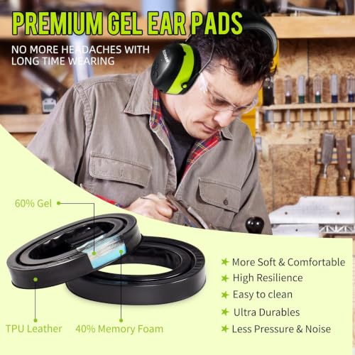 ZOHAN EM037 Bluetooth Hearing Protection,NRR 25dB Noise Reduction Ear Protection with 1500mAh Rechargeable Battery,Headphones with 40H playtime for Mowing, Snowblowing, Construction,Workshops - color: Upgrade Green - Gel Pads