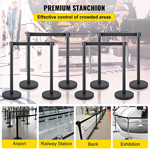 VEVOR Crowd Control Stanchion Set, Stanchion Set with 6.6 ft/2 m Black Retractable Belt, Black Crowd Control Barrier w/Concrete and Metal Base - Easy Connect Assembly (8) - color: 8 Pcs, size: Classic connector, style: Concrete Metal Bottom