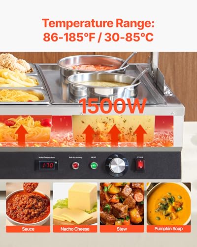 VEVOR Electric Soup Warmer, Two 6.34QT Pots & Six 1/3 Pans, Stainless Steel Commercial Food Warmer with 86~185°F Adjustable Temp, 1500W Bain Marie with Cover, Soup Station for Restaurant, Buffet - size: 2×6L Pots and 6×1/3 Pans
