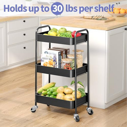 TOOLF 3 Tier Metal Rolling Cart, Utility Storage Cart with Wheels, Black - color: Black, size: 3-Tier