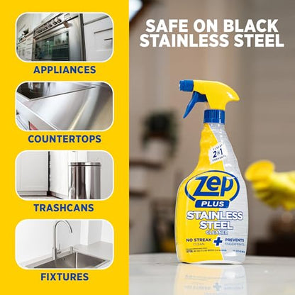 Zep Plus Stainless Steel Cleaner - 32 oz (2 Pack) & Blue Microfiber Rag