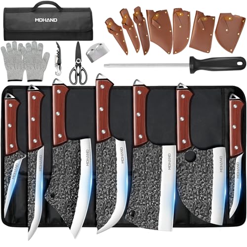 MDHAND Butcher Knife Set, Hand Forged Kitchen Chef Knife Set with Roll Bag - size: 14PCS Hammer Pattern Butcher Knife Set