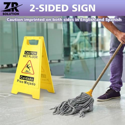 24 Inches Caution Wet Floor Sign Bright Yellow Double Sided Bilingual Caution Message Folding A-Shaped Frame Design Safety Warning Wet Floor Sign Collapsible Commercial Warning Sign Prevent Slip