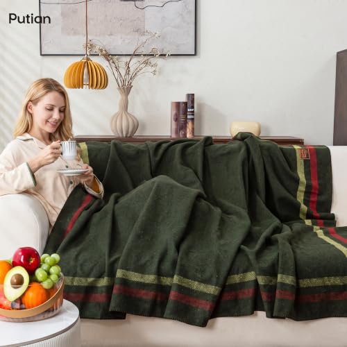 PuTian 100% Wool Blanket - Camping Outdoor Blanket, Plaid Army Green - color: Plaid Pattern Army Green, size: 63" × 87"