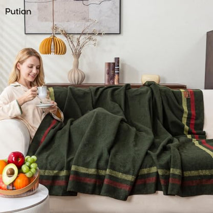 PuTian 100% Wool Blanket - Camping Outdoor Blanket, Plaid Army Green - color: Plaid Pattern Army Green, size: 63" × 87"