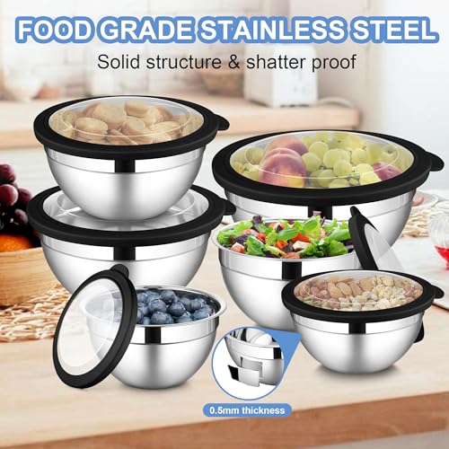 LIANYU Stainless Steel Mixing Bowls with Transparent Airtight Lids Set of 6 - color: Black, style: Atlas Base with Visible Lids