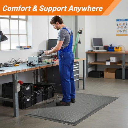 Nisorpa Anti Fatigue Mats Industrial 2' x 7' Ergonomic Standing Mat 15/16" Extra Thick Heavy Duty Commercial Diamond Plate Shop Floor Mat Support for Leg & Back Pain, Grey - size: 2' x 7'