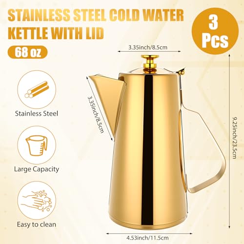 Honeydak 3 Pcs Stainless Steel Pitcher 2 L/ 67 oz Stainless Steel Kettle with Lid Metal Cold Water Pitcher Large Capacity Tea Kettle Jug Beverage Dispenser with Handle for Home Restaurant Office(Gold)