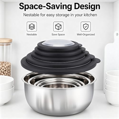 E-far Mixing Bowls with Lids Set of 5, Stainless Steel Nesting Salad Bowls - color: Black