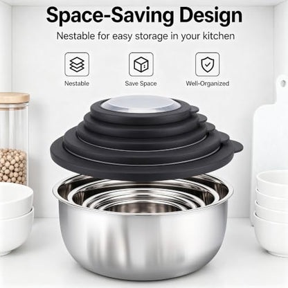 E-far Mixing Bowls with Lids Set of 5, Stainless Steel Nesting Salad Bowls - color: Black
