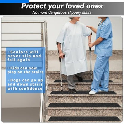 SMILOOL Outdoor Stair Treads Non-Slip Step Strips for Wooden Steps 10 Pack 6” x 24” Anti Slip Grip Tape Precut for Outside Stairs, Non Skid Stair Tread Mats Weather Resistant for Outdoors, Black - size: 6" x 24"
