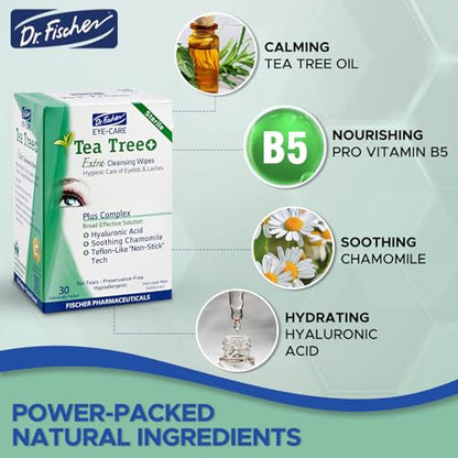Dr. Fischer Tea Tree Oil Eye Wipes - Eyelid Wipes for Sensitive Eyes with Hyaluronic Acid and Chamomile, Makeup Remover, Daily Cleanser (60 wipes) - size: 30 Count (Pack of 2)