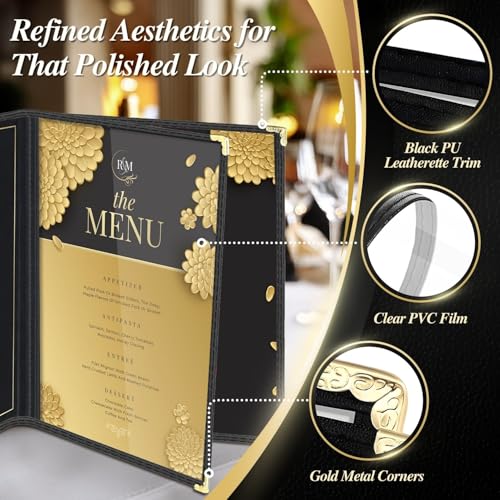 Flexzion Menu Covers 8.5 x 11 Inch - Book Style Menu Holders for Restaurant, Hotel, Cafe, Bar & Pubs - Transparent Clear Menu Covers with 3 Page 6 View, (30 Packs) Menu Folders with Gold Metal Corner - size: 30 pack