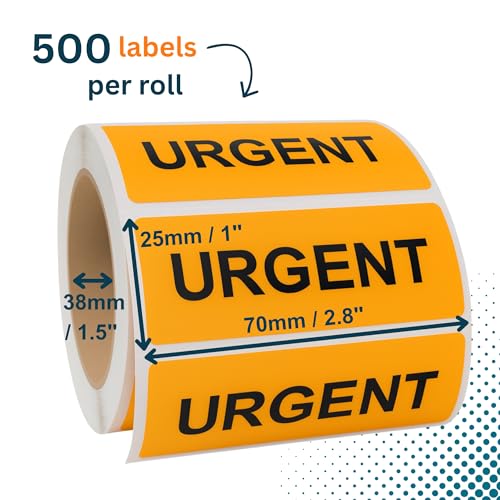 Urgent Stickers, 500/Roll, Fluoro Orange Courier & Handling Labels, 2.8" x 1" (70mm x 25mm), Permanent Adhesive - style: URGENT