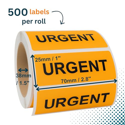 Urgent Stickers, 500/Roll, Fluoro Orange Courier & Handling Labels, 2.8" x 1" (70mm x 25mm), Permanent Adhesive - style: URGENT