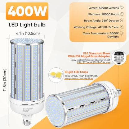 XYCN 2 Pack 400W Corn LED Light Bulb Fanless,5000K Daylight(Eqv.1,200w Mh/Hps/Hid) Non-Dimmable E26/E39 Large Mogul Base LED Cob Lamp 57,000LM for Garage Warehouse Factory Workshop Street Backyard