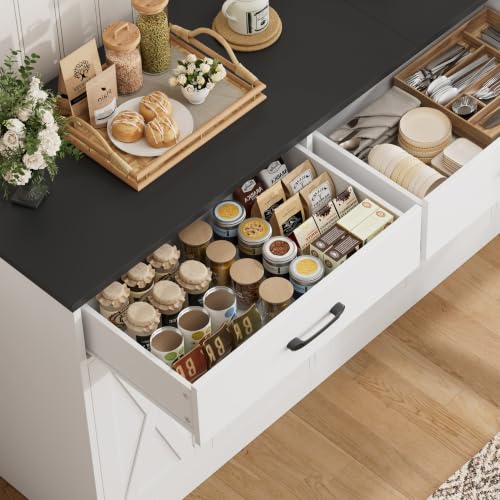HOSTACK 71" W Kitchen Buffet Cabinet with Storage, Large Coffee Bar Cabinet - color: White/Black