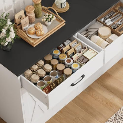 HOSTACK 71" W Kitchen Buffet Cabinet with Storage, Large Coffee Bar Cabinet - color: White/Black