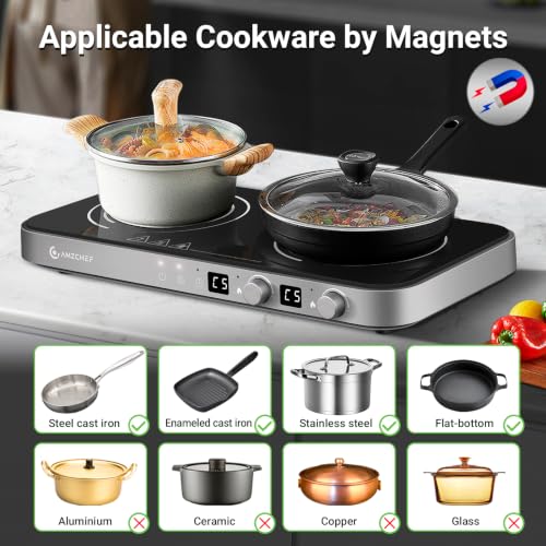 AMZCHEF Double Induction Cooktop, 1800W 2 Burner with Griddle Pan, Grey - color: Iron Grey