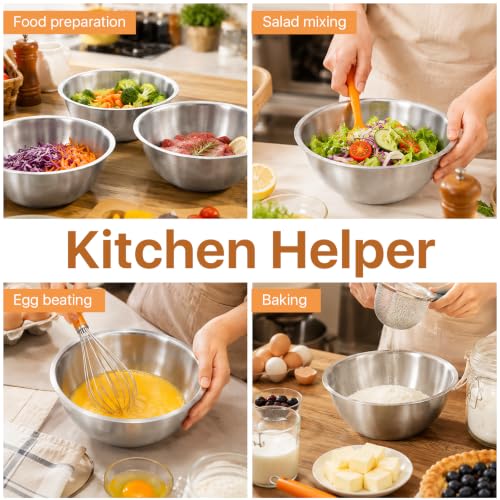 3 Pcs Stainless Steel Mixing Bowls (7.1") with Silicone Spatula, Metal Bowl Set with Measurement Marks, Reusable & Stackable Baking Food Storage Containers for Kitchen Salad Making, Meal Prep