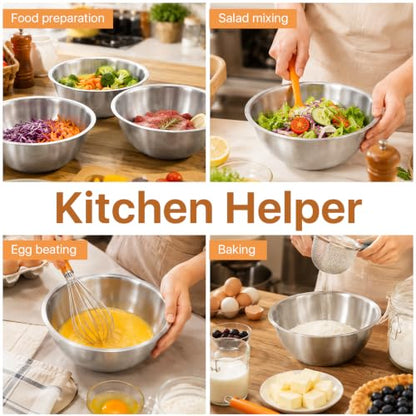 3 Pcs Stainless Steel Mixing Bowls (7.1") with Silicone Spatula, Metal Bowl Set with Measurement Marks, Reusable & Stackable Baking Food Storage Containers for Kitchen Salad Making, Meal Prep