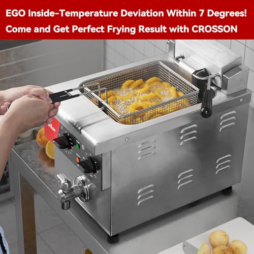 CROSSON 8L Countertop Electric Deep Fryer with Draining Valve,Solid Basket and Lid for Restaurant Use 120V,1800W Stainless Steel Commercial Deep Fryer - size: Single Tank,8L