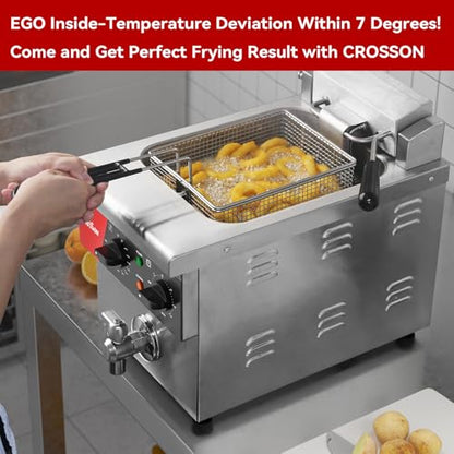 CROSSON 8L Countertop Electric Deep Fryer with Draining Valve,Solid Basket and Lid for Restaurant Use 120V,1800W Stainless Steel Commercial Deep Fryer - size: Single Tank,8L