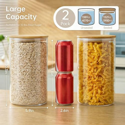 132oz Large Glass Storage Containers with Bamboo Lids for Flour & Sugar -2P - color: 132oz 2 Pack