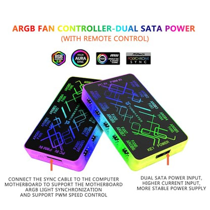 ARGB Fan HUB, 9/10 Port 4 Pin PC Fan Controller, 5V-3Pin LED Hub, Magnetic Suction, SATA Power Input,RF Remote & Chassis Key Control,Controller Support ARGB PWM Fans Splitter (J-10 Pro) - color: J-10 Pro