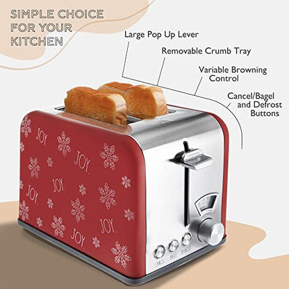 Rae Dunn Toaster, Stainless Steel 2 Slice Square Toaster, Wide Slot with 5 Browning Levels, with Bagel, Defrost and Cancel Options (Red Holiday Print) - color: Red Holiday Print