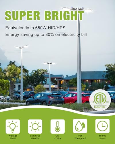 YXL LED Parking Lot Light, 200W LED Shoebox Light with Dusk to Dawn Photocell,28000LM 5000K Daylight Arm Mount, IP65 Waterproof, LED Area Light for Parking Lot Sports Stadium - size: 200W Arm 1Pack