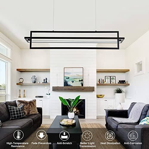 Modern LED Linear Rectangle Chandelier, Black, 35.4"