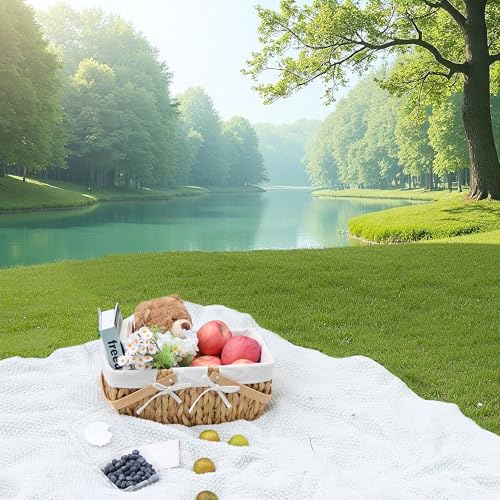 GYASVWU Water Hyacinth Picnic Baskets, Wicker Picnic Basket with Handle, Wicker Bread Basket with Linner, Empty Gift Baskets for Easter, Weddings, Garden and Home Decor (Original)