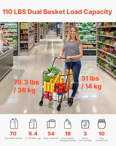 VEVOR Folding Shopping Cart, Jumbo Grocery Utility Cart with Double Baskets, 360° Swivel Wheels, 110 LBS Large Capacity Heavy Duty for Laundry, Shopping, Grocery, Luggage, Black - size: Large