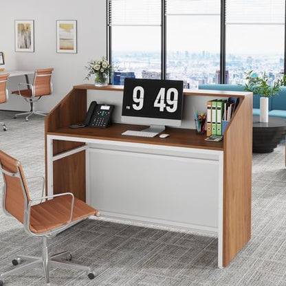 Tribesigns Reception Desk with Counter, Modern Front Desk Reception Room Table with Cable Grommet, 47 inch Retail Counter for Checkout, Lobby, Beauty Salon, Home Office Desk, Walnut - color: Walnut